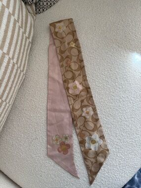 Coach Pink and Tan Floral Signature Silk Scarf Tie